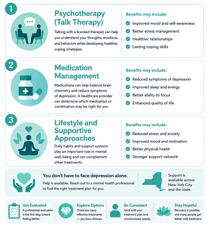 Depression Treatment Options Available In New York Including Psychotherapy, Medication Management, And Lifestyle Support Approaches.